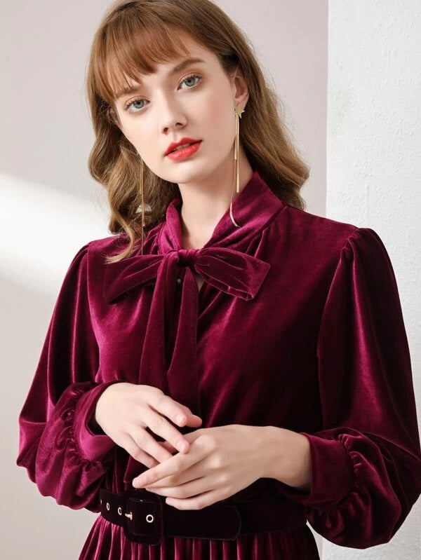 CM-DS126623 Women Elegant Seoul Style Long Sleeve Belted Tie Neck Velvet Pleated Dress - Wine Red