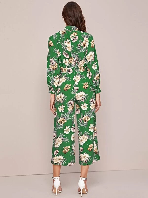 CM-JS127259 Women Casual Seoul Style Tropical Print Tie Neck Belted Culotte Jumpsuit - Green