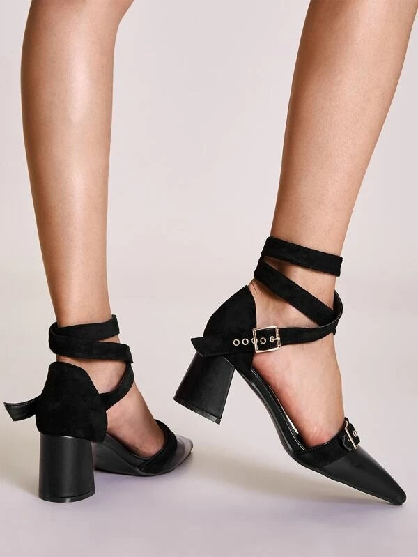 CM-SHS127734 Women Elegant Seoul Style Point Toe Buckle Detail Chunky Heels - Black