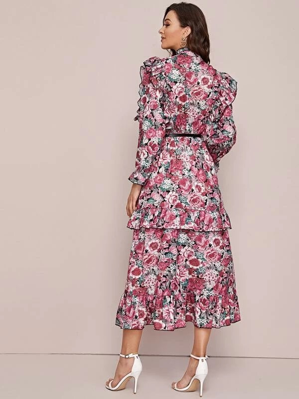 CM-DS127087 Women Elegant Seoul Style Allover Floral Ruffle Trim Belted A-Line Dress