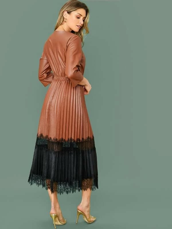CM-DS107975 Women Elegant Seoul Style Elastic Waist Lace Hem Pleated PU Dress - Brown