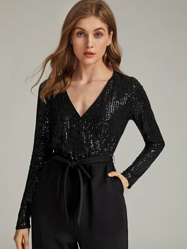 CM-JS105110 Women Elegant European Style Sequin Bodice Slant Pocket Self Belted Jumpsuit - Black