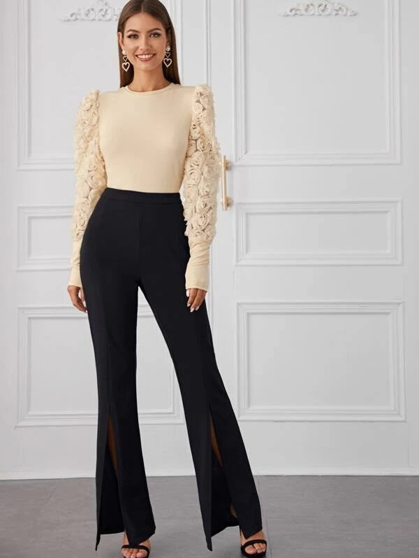 CM-TS128064 Women Elegant Seoul Style 3D Floral Applique Lantern Sleeve Form Fitted Bodysuit