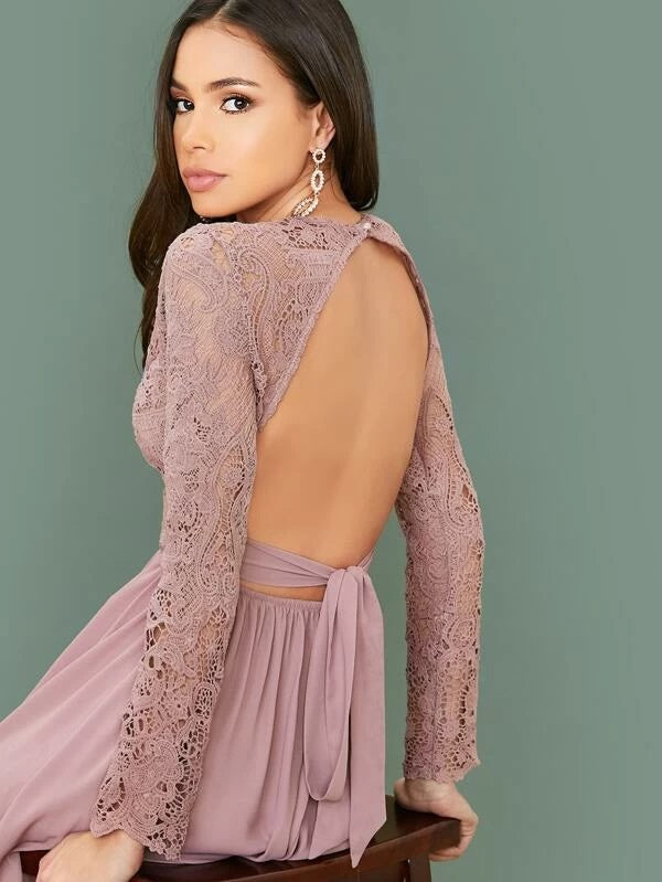 CM-DS121932 Women Elegant Seoul Style Long Sleeve Lace Bodice Backless Tie Detail Dress - Pink