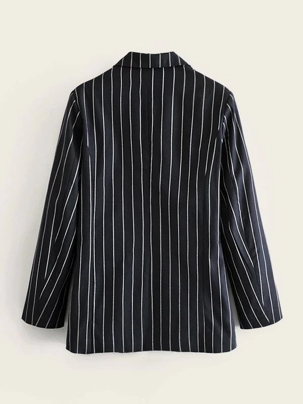 CM-CS130948 Women Elegant Seoul Style Long Sleeve Button Front Double Pocket Striped Blazer - Black