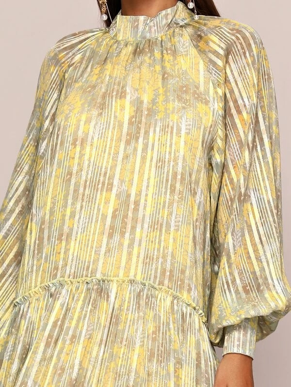 CM-DS129598 Women Elegant Seoul Style Mock Neck Lantern Sleeve Smock Dress - Yellow