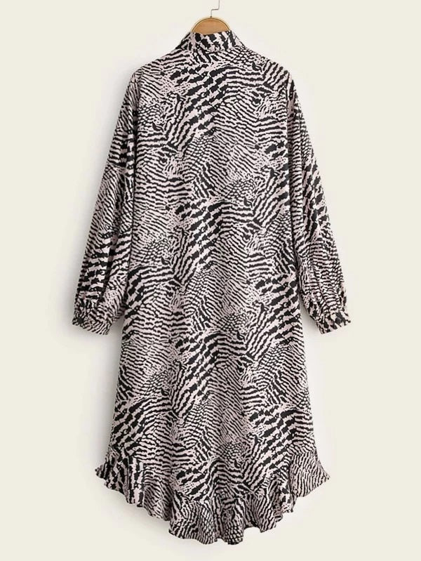 CM-DS202292 Women Casual Seoul Style Graphic Print Button Front Ruffle Hem Shirt Dress