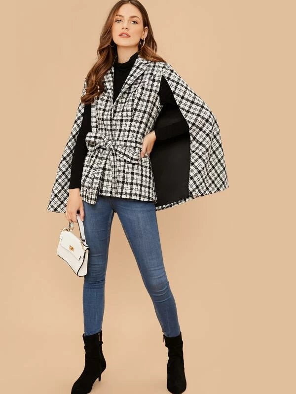 CM-CS121497 Women Elegant European Style Notched Collar Plaid Belted Cape Blazer