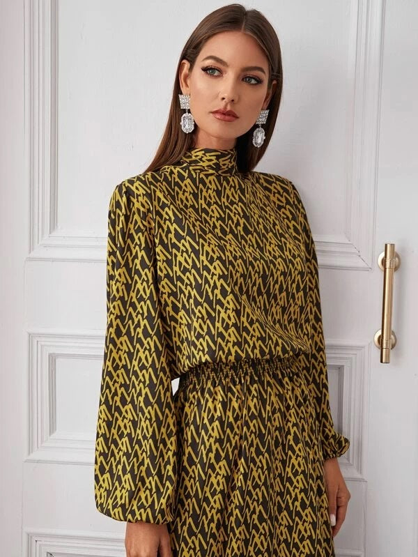 CM-DS202457 Women Elegant Seoul Style Print Tie Back Shirred High Waist A-Line Dress