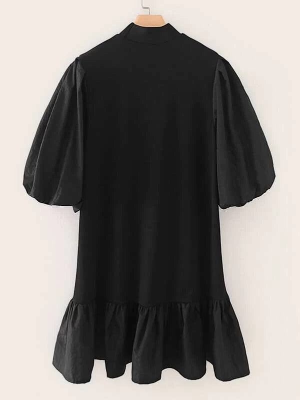 CM-DS203877 Women Casual Seoul Style Balloon Sleeve Ruffle Hem Babydoll Dress - Black