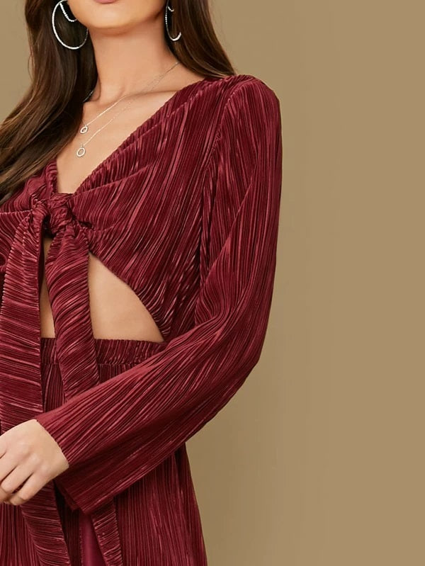 CM-JS119275 Women Elegant European Style Tie Cut Out Front Bell Sleeve Wide Leg Jumpsuit - Wine Red