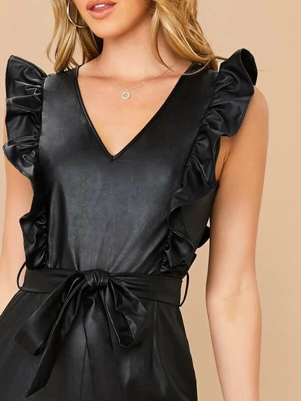 CM-JS111304 Women Elegant European Style Ruffle Trim Faux Leather Belted Jumpsuit - Black