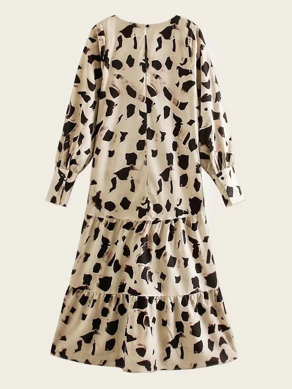 CM-DS204270 Women Casual Seoul Style Long Sleeve Round Neck Graphic Print Ruffle Hem Dress
