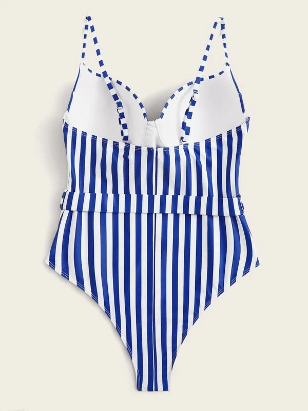 CM-SWS204201 Women Trendy Seoul Style Striped Belted One Piece Swimsuit - Blue