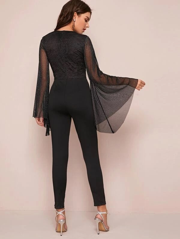 CM-JS119890 Women Elegant Seoul Style Round Neck Contrast Glitter Flounce Sleeve Jumpsuit - Black