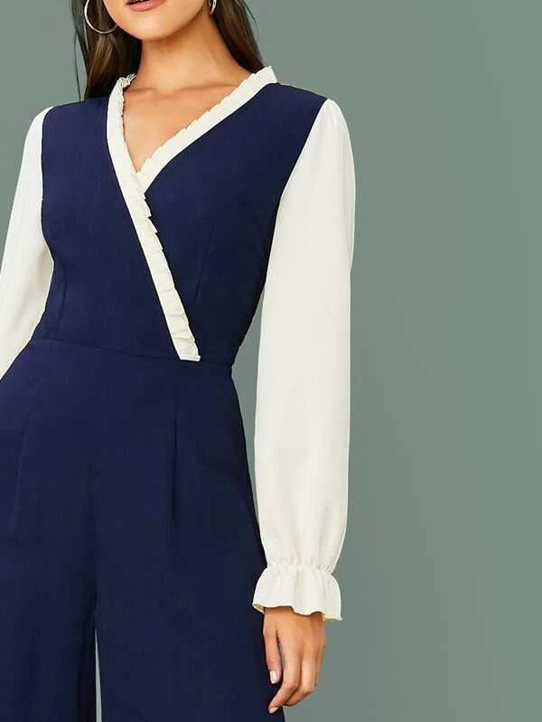 CM-JS121806 Women Elegant Seoul Style Surplice Neck Frill Trim Two Tone Wide Leg Jumpsuit - Navy Blue