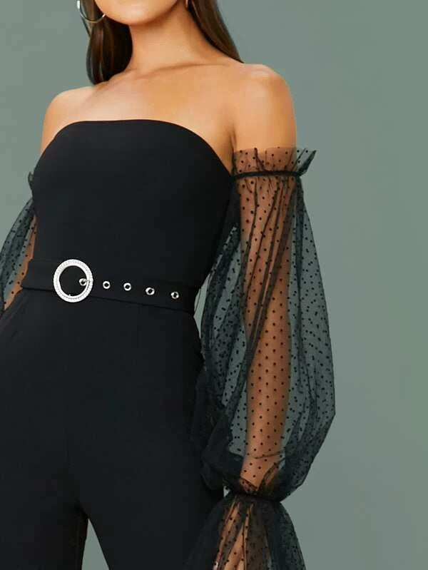 CM-JS125308 Women Elegant Seoul Style Off Shoulder Swiss Dot Mesh Sleeve O-Ring Belted Jumpsuit
