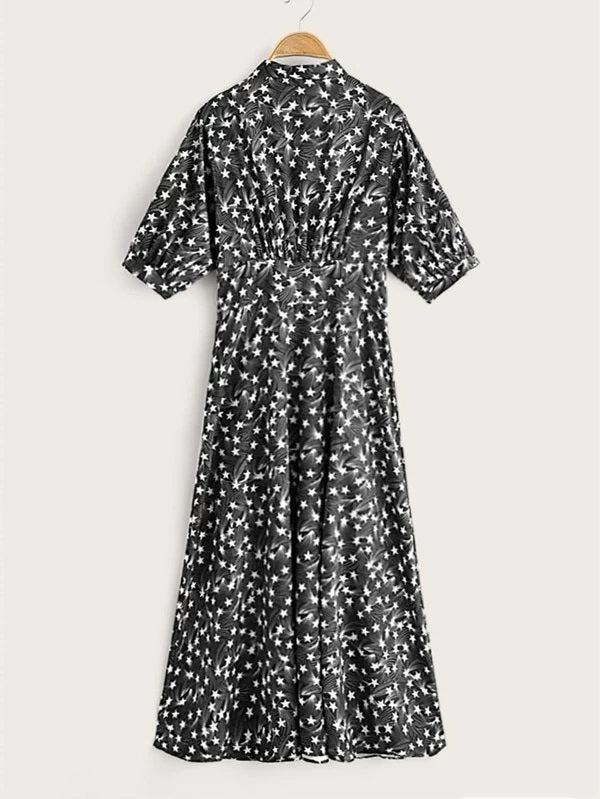 CM-DS206737 Women Casual Seoul Style Long Sleeve Tie Neck Galaxy Print A-Line Dress - Black
