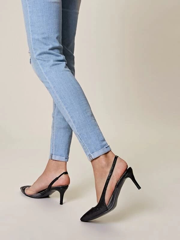CM-SHS207379 Women Casual Seoul Style Point Toe Lizard Slingback Stiletto Heels - Black