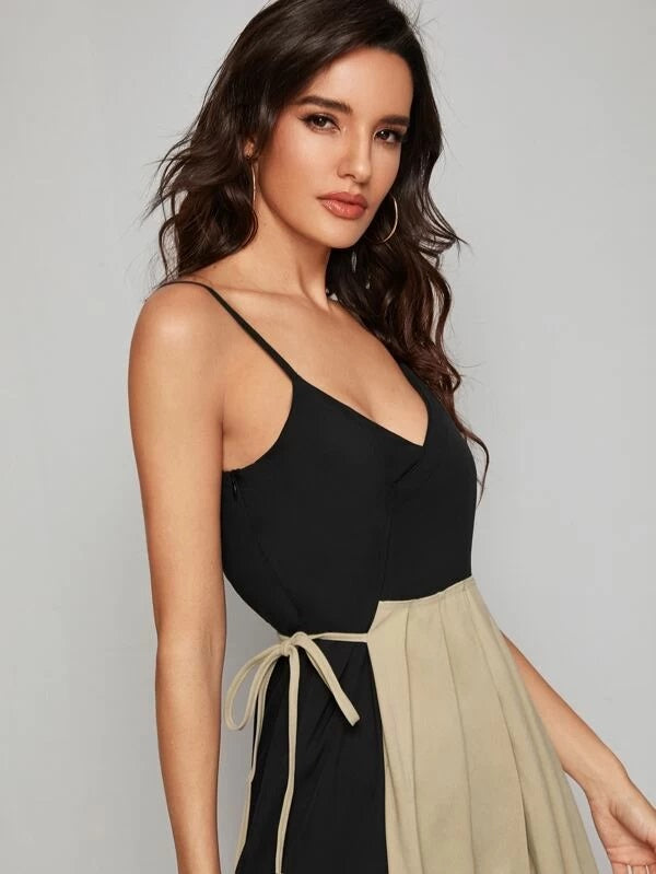 CM-DS207610 Women Elegant Seoul Style Sleeveless Contrast Panel Tie Side Cami Dress