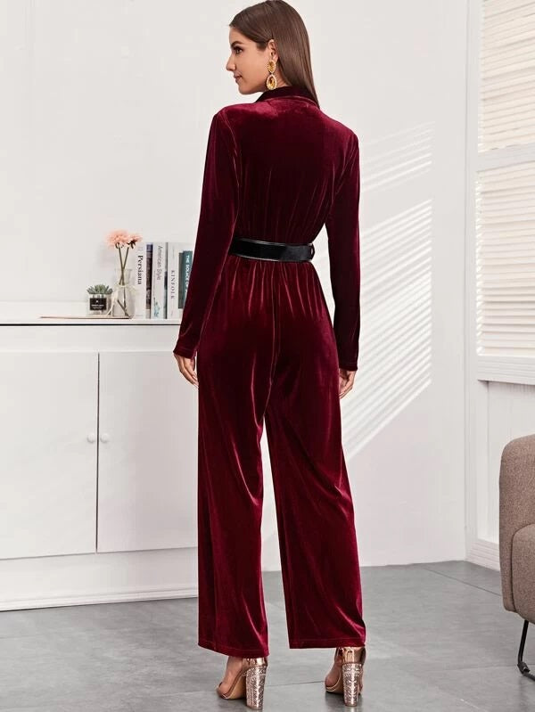 CM-JS118445 Women Elegant Seoul Style Shawl Collar Wide Leg Belted Velvet Jumpsuit - Wine Red