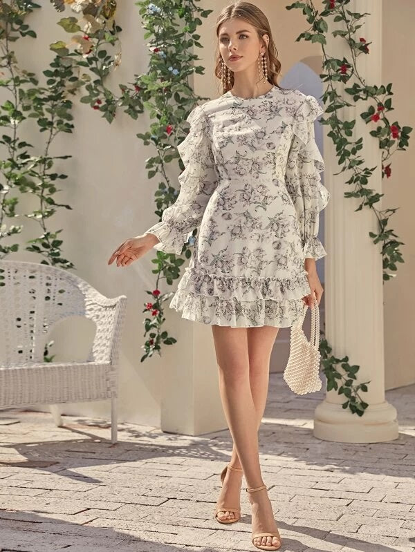 CM-DS125871 Women Elegant Seoul Style Open Back Layered Hem Ruffle Detail Floral Fitted Dress