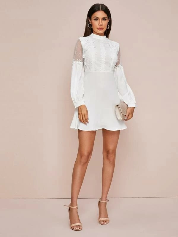 CM-DS114154 Women Elegant Seoul Style Guipure Lace Detail Mesh Insert Lantern Sleeve Dress - White
