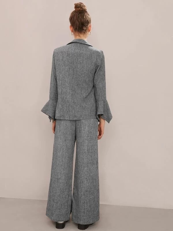 CM-CS118357 Women Elegant Seoul Style Notched Collar Bell Sleeve Linen Look Belted Blazer - Gray