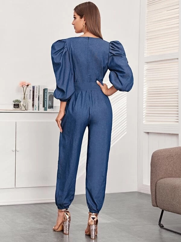CM-JS121147 Women Elegant Seoul Style Lantern Sleeve Surplice Neck Buckle Belted Jumpsuit - Blue