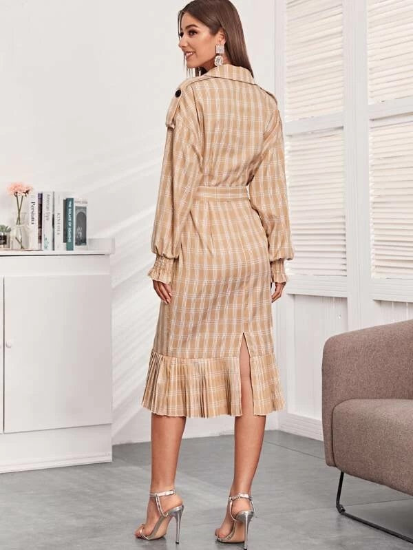 CM-DS126590 Women Elegant European Style Notched Collar Ruffle Hem Plaid Belted Dress