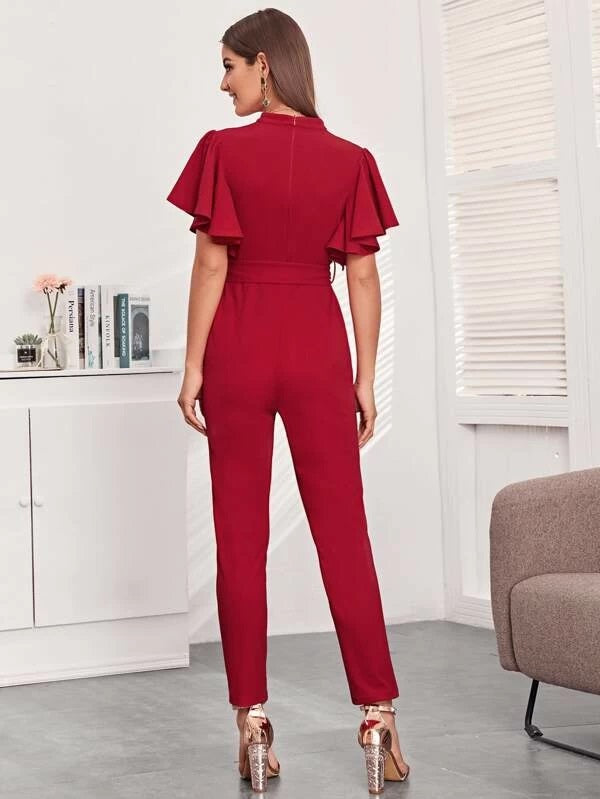 CM-JS206529 Women Elegant Seoul Style Notched Butterfly Sleeve Belted Jumpsuit - Red