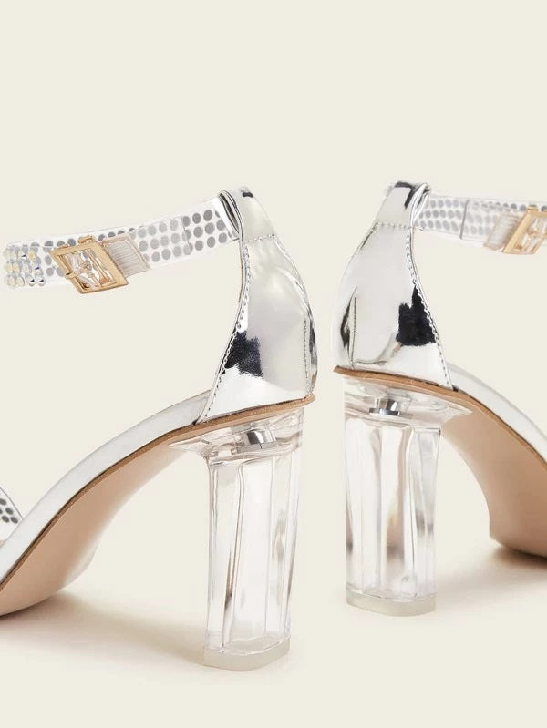 CM-SHS209583 Women Elegant Seoul Style Rhinestone Open Toe Ankle Strap Chunky Heels