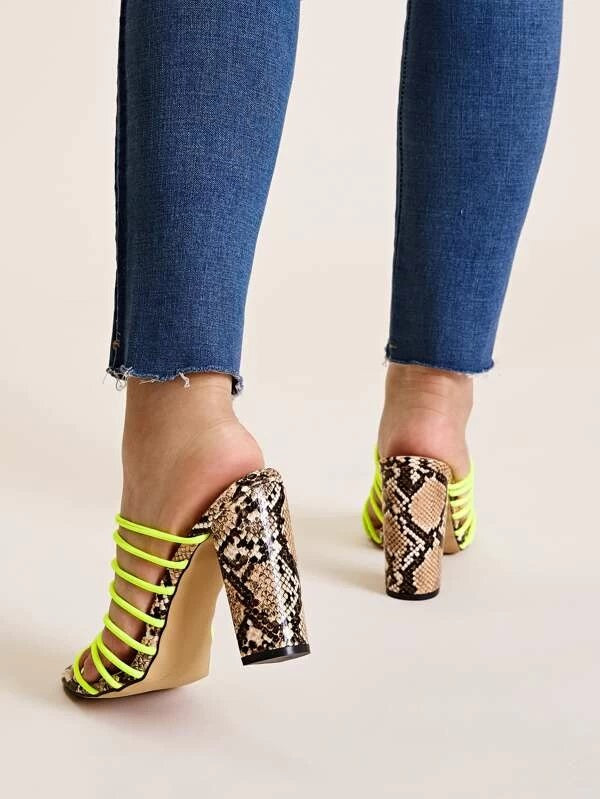 CM-SHS209715 Women Trendy Seoul Style Strappy Snakeskin Sole Chunky Heeled Mules