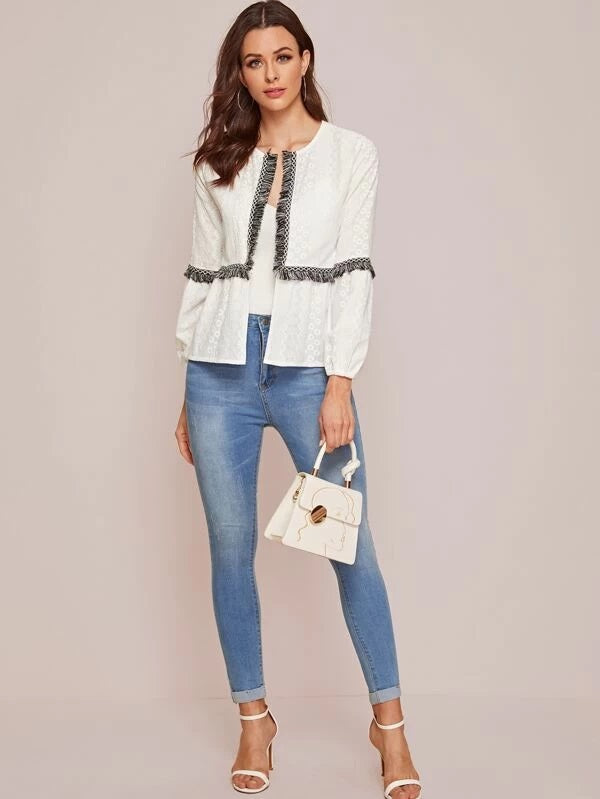 CM-CS209634 Women Casual Seoul Style Long Sleeve Open Front Raw Hem Jacket - White