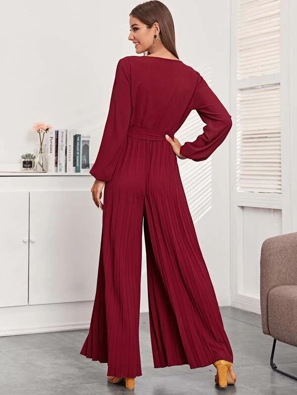CM-JS119200 Women Elegant Seoul Style Lantern Sleeve Belted Pleated Wide Leg Jumpsuit - Wine Red