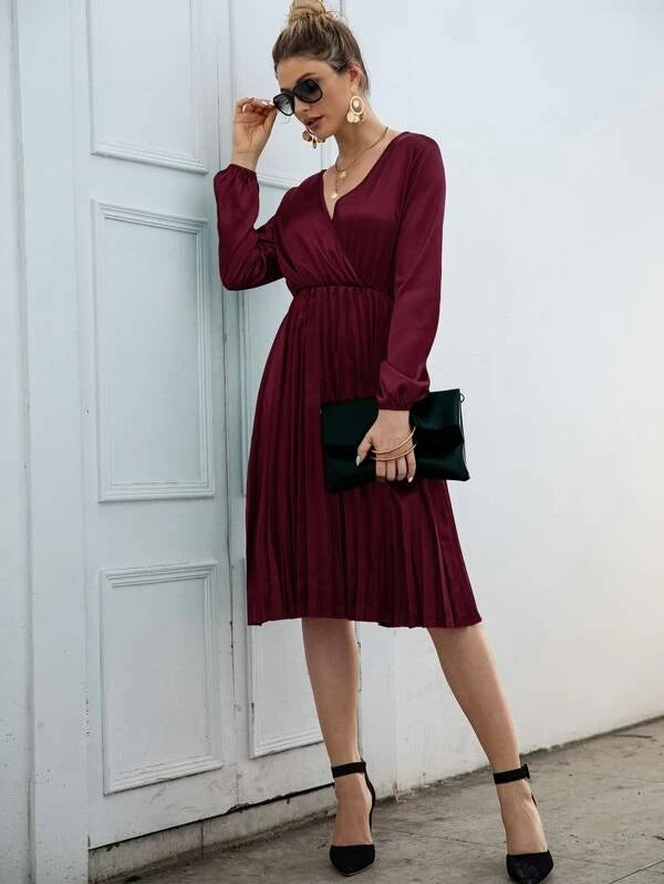 CM-DS209935 Women Elegant Seoul Style Long Sleeve Solid Surplice Pleated Hem Satin Dress - Wine Red