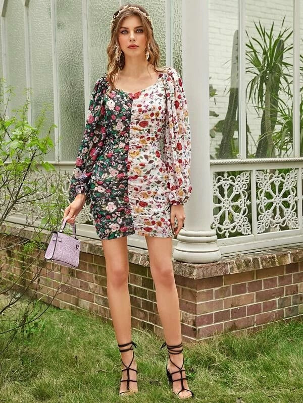 CM-DS119456 Women Elegant Seoul Style Bishop Sleeve Ruched Floral Print Colorblock Dress