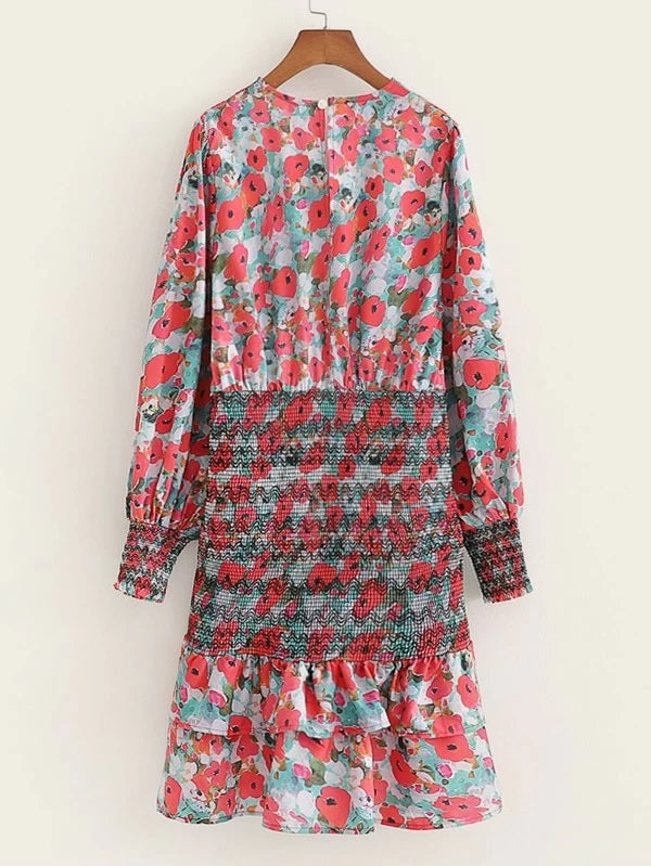CM-DS210644 Women Casual Seoul Style Long Sleeve Floral Print Layered Hem Dress