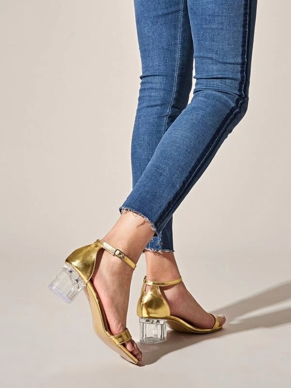 CM-SHS210578 Women Trendy Seoul Style Metallic Ankle Strap Chunky Heels - Gold