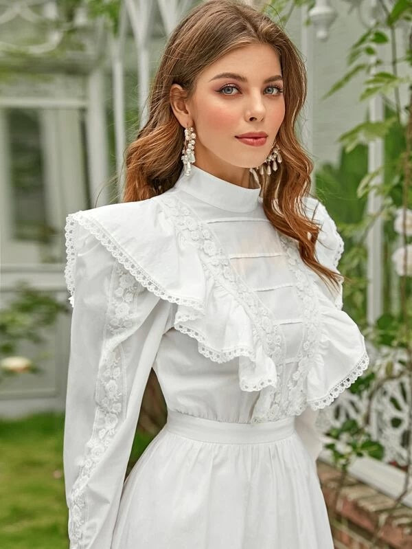 CM-DS120762 Women Elegant Seoul Style Long Sleeve Embroidered Mesh Ruffle Short Dress - White