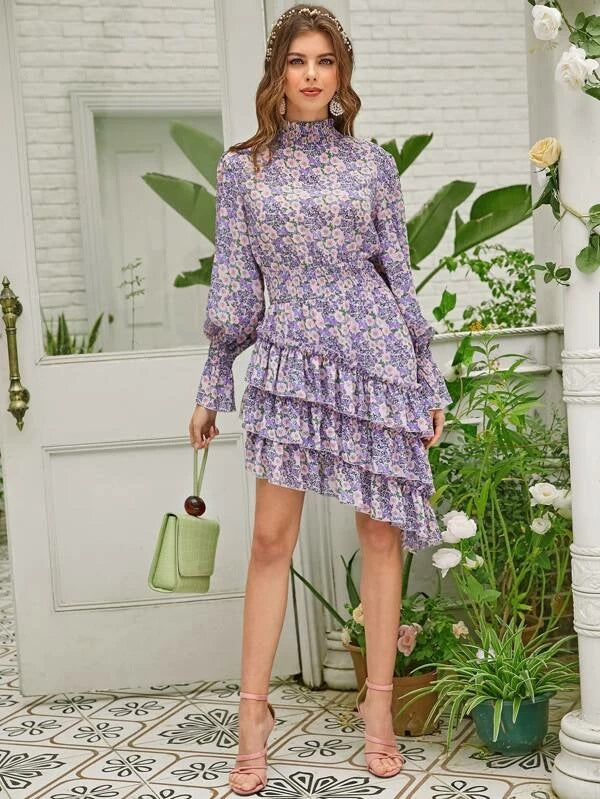 CM-DS122582 Women Bohemian Style Shirred Neck Asymmetrical Layered Hem Floral Dress