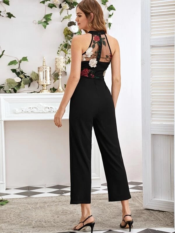 CM-JS211082 Women Elegant Seoul Style Contrast Mesh Floral Print Sleeveless Jumpsuit - Black