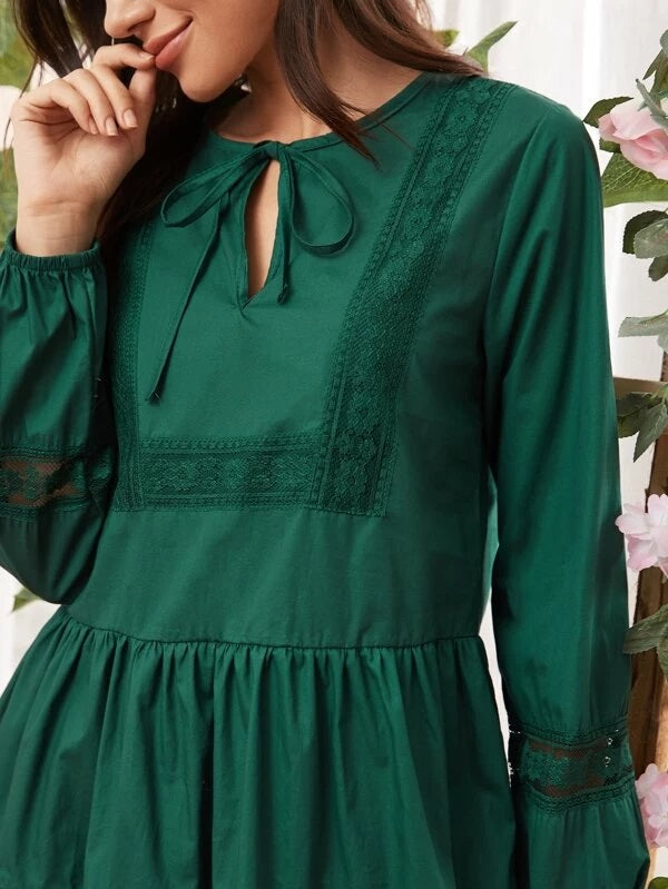 CM-DS210078 Women Elegant Seoul Style Long Sleeve Lace Panel Ruffle Hem Smock Dress - Green