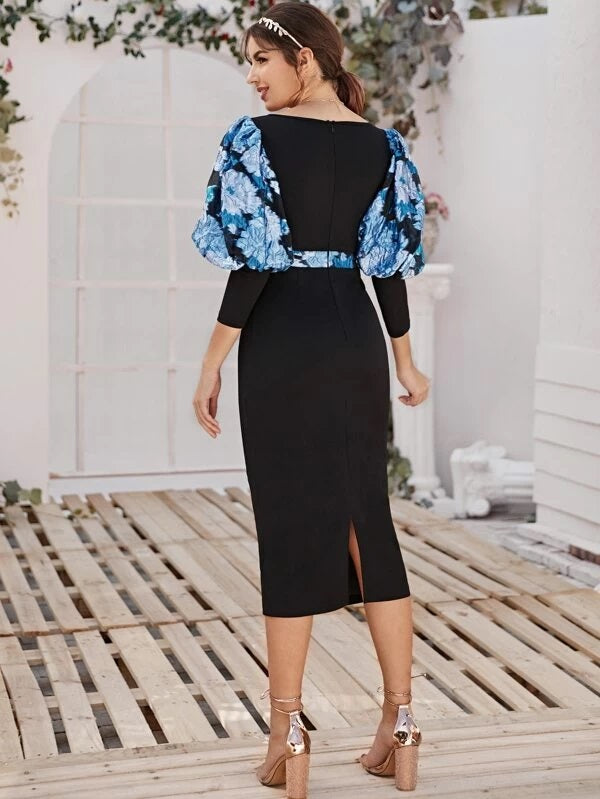 CM-DS209956 Women Elegant Seoul Style Floral Gigot Sleeve High Waist Pencil Dress - Black