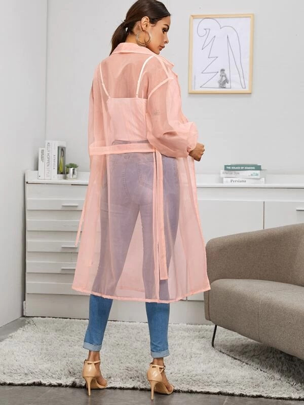 CM-CS212004 Women Trendy European Style Long Sleeve Belted Lapel Collar Sheer Coat - Pink