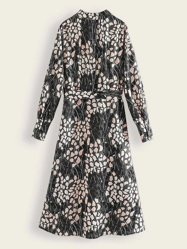 CM-DS212647 Women Casual Seoul Style Long Sleeve All Over Print Notched Neck Belted Dress