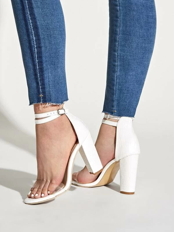 CM-SHS212725 Women Elegant Seoul Style Croc Embossed Ankle Strap Chunky Heels - White