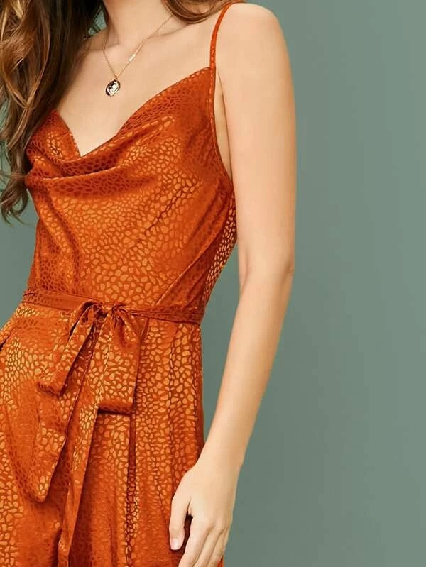 CM-JS127662 Women Casual Seoul Style Draped Neck Knot Hem Belted Crocodile Jacquard Slip Jumpsuit