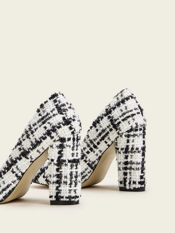 CM-SHS213705 Women Elegant Seoul Style Point Toe Plaid Tweed Chunky Heels