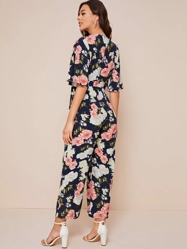 CM-JS213442 Women Trendy Bohemian Style Short Sleeve Zip Back Floral Print Jumpsuit